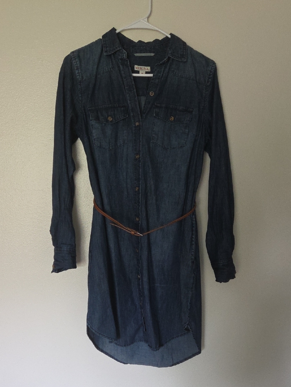 Merona Dark Indigo Denim Long-Sleeve Shirt Dress with Slim Brown Belt
